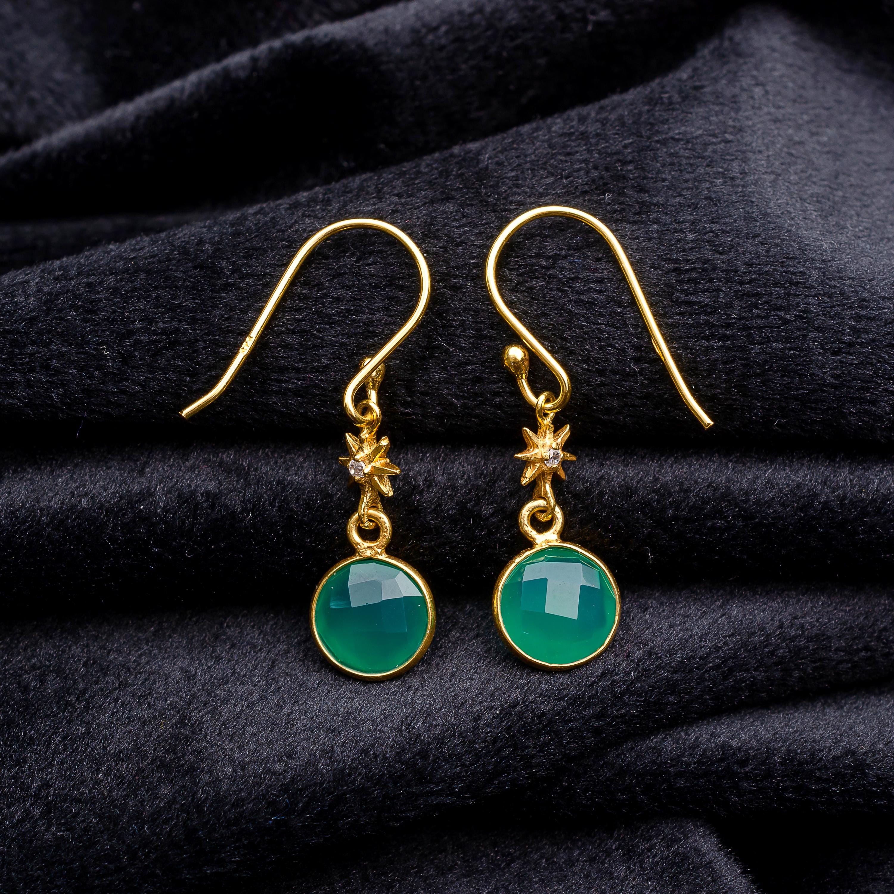 ピアス Deco 24K Gold Plated Green Onyx Drop Earrings Large Green Onyx Drop Earrings in Gold, Natural Gemstone