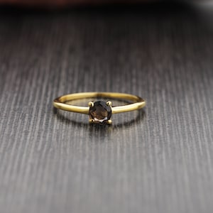 Smokey Quartz Gold Ring - Smoky Gemstone Ring - 4 Prongs ring- Promise Ring - Round Smokey Quartz Ring - Handmade Ring