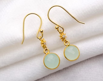 Natural Aqua Chalcedony Gold Drop Earrings, 18k Gold Plated 925 Sterling Silver Earrings, Statement Earrings, Tiny Earrings, Gift For Her