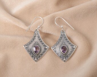 Orecchini in argento con ametista, gioielli in argento ossidato, orecchini pendenti e pendenti viola, gioielli in argento fatti a mano, orecchini per anniversario, idea regalo