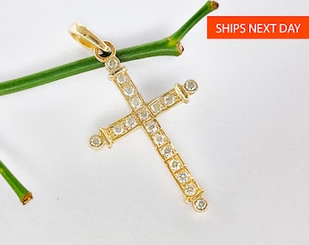 Colgante de cruz de oro de 14 quilates con diamantes, colgante de diamantes naturales, colgante de diamantes auténticos, unisex.