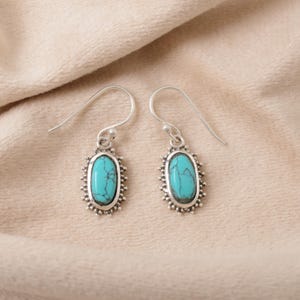 Blue Turquoise 925 Sterling Silver Earrings, Boho Oval Drop Earrings, Handmade Silver Earrings, Designer Earrings, Birthday Gift For Mother