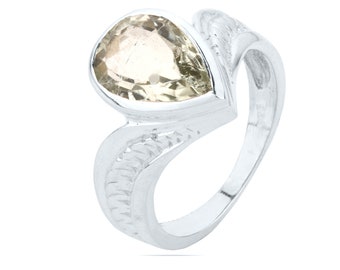 Green Amethyst Ring/ Genuine Pear Shaped Green Amethyst Sterling Silver Ring/ Pear Shaped Genuine Amethyst Engagement Ring