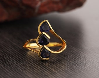 Natural iolite hearts Ring, gold plated iolite ring, Multi heart gold ring