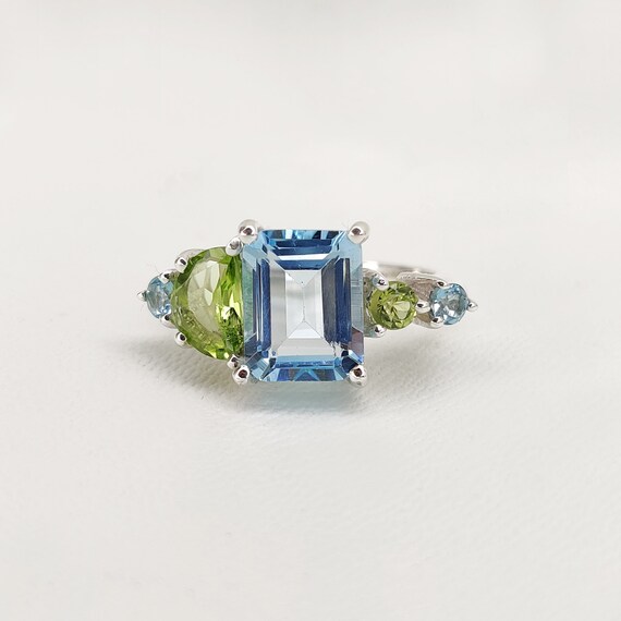 Blue Topaz and Peridot Ring Asymmetrical Half Moon Ring December