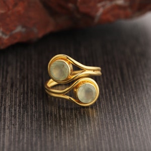 Natural Prehnite Gemstone Ring, Sterling Silver Yellow Gold Ring, Artisan Gift Ring, Stacking Ring ,Natural Prehnite Gemstone Ring Jewelry