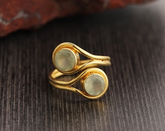 Natural Prehnite Gemstone Ring, Sterling Silver Yellow Gold Ring, Artisan Gift Ring, Stacking Ring ,Natural Prehnite Gemstone Ring Jewelry