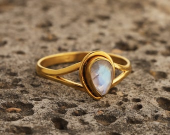 Anillo de piedra lunar arcoíris natural, anillo de piedra lunar en forma de pera, anillo de piedra natal de junio, joyería de piedra lunar, anillos de dama de honor, regalo de cumpleaños de junio para ella
