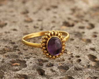 Purple Amethyst Gold Ring February Birthstone Ring, 18k Gold Plated Oval Ring, birthday gift, stackable ring Amethyst Gemstone Ring
