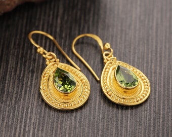 Pendientes de peridoto natural, oro de 18 quilates, peridoto facetado, plata de ley 925, delicados pendientes colgantes, piedra de nacimiento de agosto.