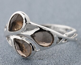 Natural Smoky Quartz Ring-Handmade Silver Ring-925 Sterling Silver Ring-Designer Teardrop Smoky Ring-Gift for her-Capricorn Birthstone