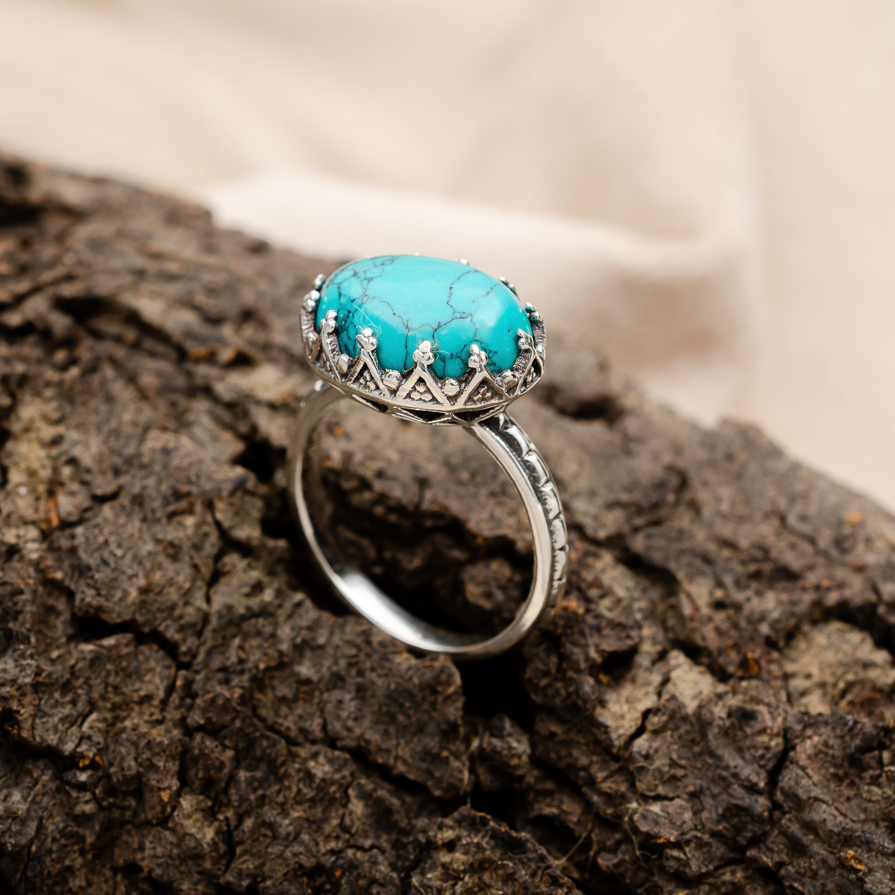 本物のターコイズリング、オーバルカボションリング、ユニークな