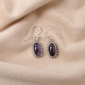 Amethyst Drop Earrings, Cabochon Gemstone Earrings, Silver Oval Amethyst Earrings, Purple Stone Earrings, Handmade Boho Earrings, Gift Idea