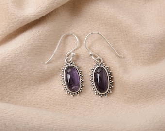 Amethyst Drop Earrings, Cabochon Gemstone Earrings, Silver Oval Amethyst Earrings, Purple Stone Earrings, Handmade Boho Earrings, Gift Idea