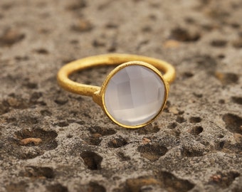 Chalcedony Gold Ring 925 Sterling Silver Real Chalcedony Gemstone Unique Design Ring Scratched Design Ring