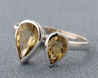 Anillo de citrino natural en forma de pera en plata de ley - Anillo multigema citrina - Anillo de citrino natural