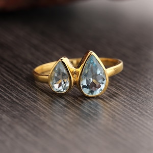 Blue Topaz Pear Gold Plated Ring, Dainty Blue Topaz Gemstone Ring, Minimalist Blue Topaz Birthstone Ring