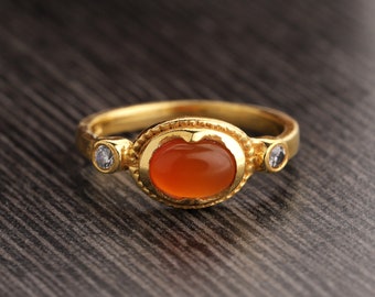Natural Carnelian Ring, Silver Ring Gold Plated, Oval Gemstone Ring, CZ Ring, Handmade Ring, Statement Ring, August Birthstone Ring