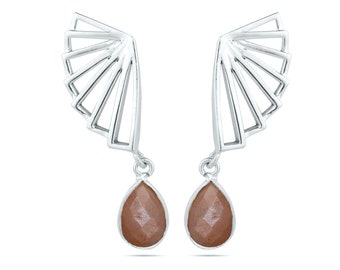 Peach Moonstone Earrings, Peach Earrings, Moonstone Silver Earrings, Moonstone Drop Earrings, Sterling Silver Designer Unique Earrings