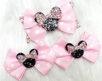 Minnie Mouse Ears Hair Bow: Glitter Ribbon Baby Headband