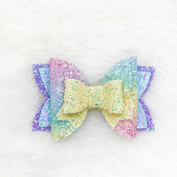 Colorful Rainbow Glitter Sparkly Hair Bow | Cotton Candy Sparkle Toddler Girls Bow | Unicorn Rainbow Summer Baby Bow on Clip and Headband