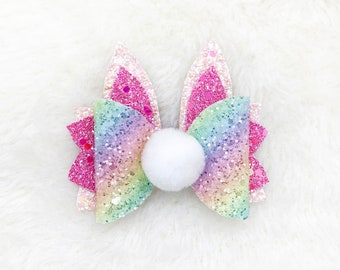 Easter Bunny Hair Bow | Easter Glitter Bunny Bow for Baby Girl | Rainbow Easter Bunny Sparkly Bow Headband | Easter Pom Pom Bunny Bow