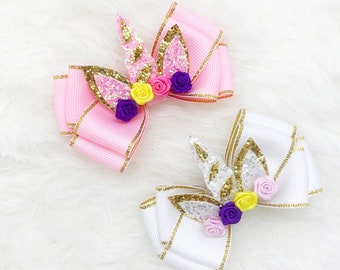 Glitter Unicorn Hair Bow: Sparkly Horn, Ribbon Clip or Headband