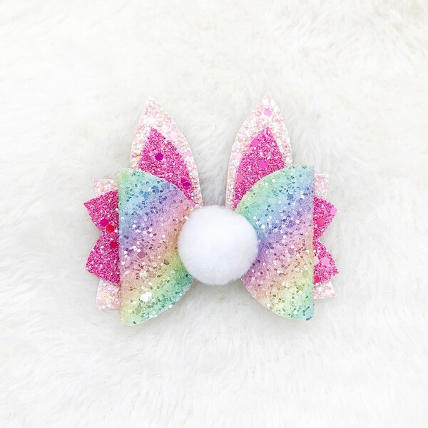 Easter Bunny Hair Bow | Easter Glitter Bunny Bow for Baby Girl | Rainbow Easter Bunny Sparkly Bow Headband | Easter Pom Pom Bunny Bow