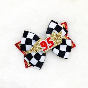 Lazo para el cabello con diseño de coche de carreras: Bandera a cuadros, diadema de Rayo McQueen