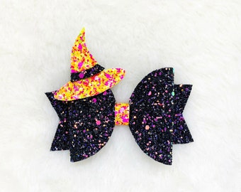 Halloween hair bow | witch hat halloween hair bow | sparkly halloween hair bow baby headband | orange witch hat black glitter Halloween bow