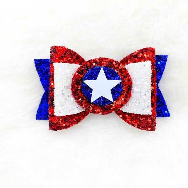Avengers Captain America Inspired Hair Bow | Marvel Glitter Bow for Toddler Girls | Super Hero Headband and Clip | Captain America Headband