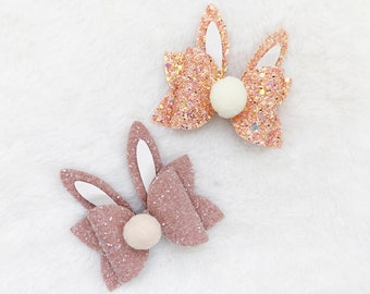 Easter Bunny Hair Bow | Easter Glitter Bunny Bow for Baby Girl | Pink and peach Easter Bunny Sparkly Bow Headband | Easter Pom Pom Bunny Bow