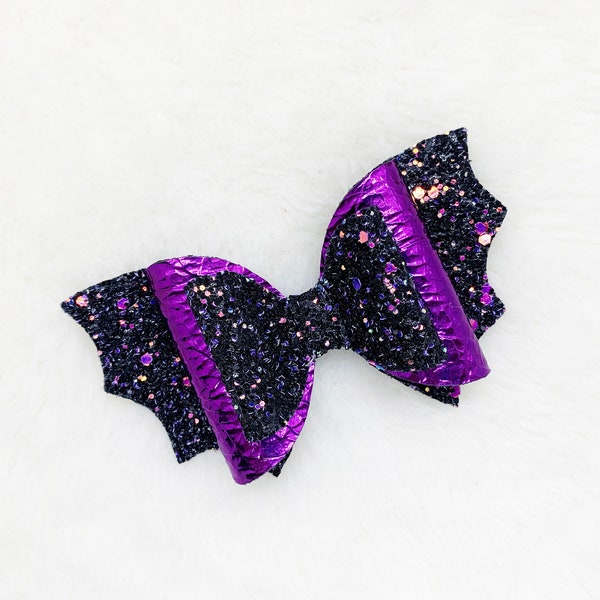 Bat hair bow | black purple bat halloween hair bow | glitter bat hair bow baby headband | large glitter sparkly bat bow