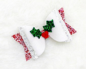 Christmas Holly Glitter Hair Bow: Red Berry Mistletoe Headband