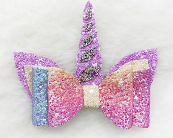 Glitter Sparkly Purple Rainbow Unicorn Bow | Sparkle Unicorn Horn Hair Bow | Baby Unicorn headband | Sparkly Unicorn Girls Bow Clips