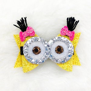 Minions Inspired Hair Bow | Despicable Me Minions Bow | Pink Minion Sparkly Glitter Bow for Baby Toddler Girls | Minions Bow Headband