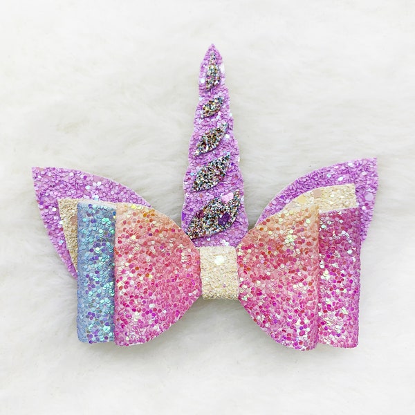 Glitter Sparkly Purple Rainbow Unicorn Bow | Sparkle Unicorn Horn Hair Bow | Baby Unicorn headband | Sparkly Unicorn Girls Bow Clips