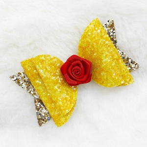 Princess Inspired Hair Bow | Beauty and The Beast Princess Belle Bow for Girls | Glitter Sparkly Hair Bow | Princess Belle Rose Flower Bow