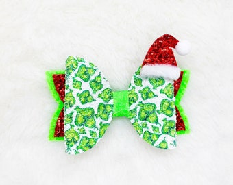Christmas Grinch Hair Bow with Santa Hat: Baby Headband
