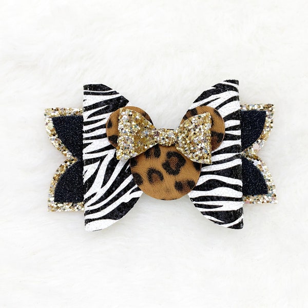 Animal Kingdom Hair Bow | Zebra and Leopard Animal Print Hair Bow | Glitter Sparkly Animal Kingdom Baby Headband | Wild One Animal Print Bow