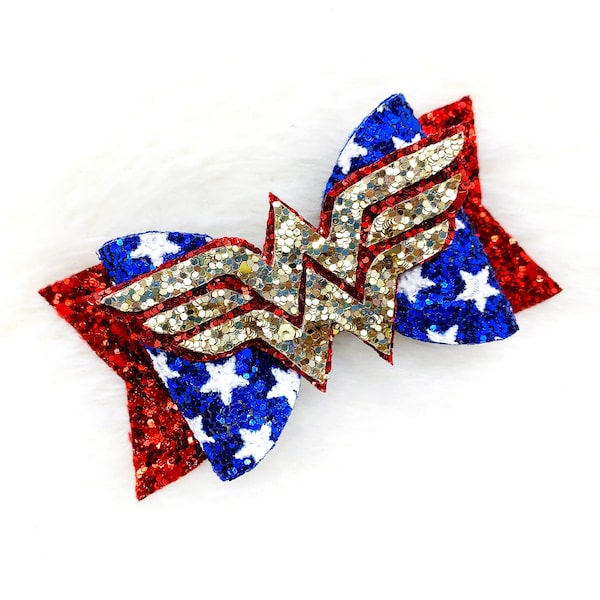 Wonder Woman Inspired Hair Bow | Super Hero Glitter Bow | Wonder Woman Baby Bow Headband and Clips | DC Wonder Woman Bow for Toddler Girls
