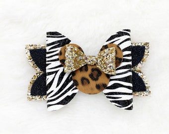 Animal Kingdom Hair Bow | Zebra and Leopard Animal Print Hair Bow | Glitter Sparkly Animal Kingdom Baby Headband | Wild One Animal Print Bow