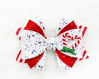 Holiday Christmas Candy Cane Glitter Hair Bow | Peppermint Candy Heart Christmas Bow | Baby Toddler Headband | Christmas gifts for toddler