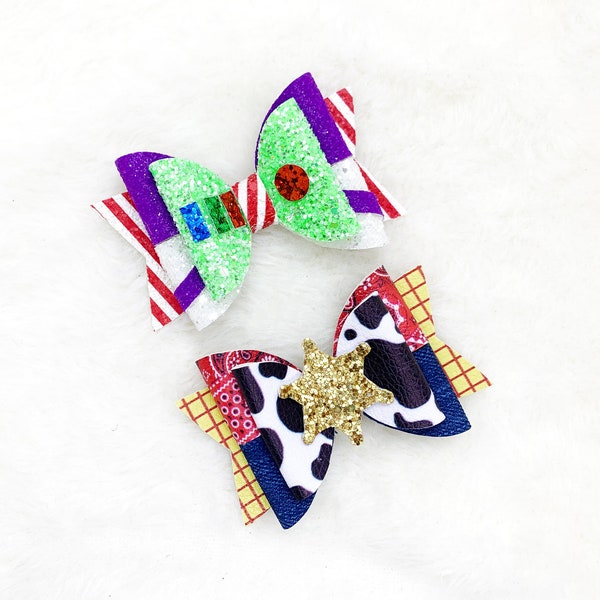 Toy Woody Buzz Lightyear Inspired Hair Bow | Story Hair Bow | Toy Woody Cowboy Hair Bow | Toy Buzz Lightyear Glitter Bow