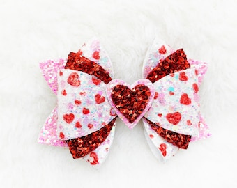 Valentine's Day Glitter Heart Hair Bow: Baby Headband or Clip
