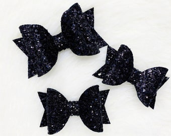Oversized Black Glitter Hair Bows | Black hair bow | Black Pigtail Bows | Sparkly Black Bow Baby Headband | Alice Wonderland Black Hair Bow