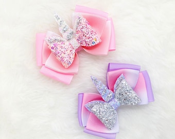 Glitter Sparkly Ribbon Unicorn Bow | Sparkle Unicorn Horn Hair Bow | Baby Unicorn headband | Sparkly Rainbow Unicorn Girls Bow Clips