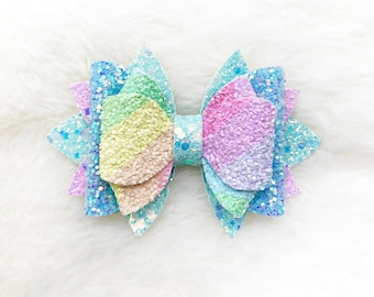 Colorful Rainbow Glitter Sparkly Hair Bow | Cotton Candy Sparkle Toddler Girls Bow | Unicorn Rainbow Summer Baby Bow on Clip and Headband