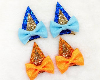 Glitter Dog Ears Hair Clip Set: Blue & Orange Pigtail Bows