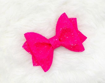 Neon Pink Glitter Hair Bow | Bright Neon Pink Sparkly Summer Hair Bow | Barbie Hot Pink Bow Baby Headband | Glitter Bows for Toddler Girls